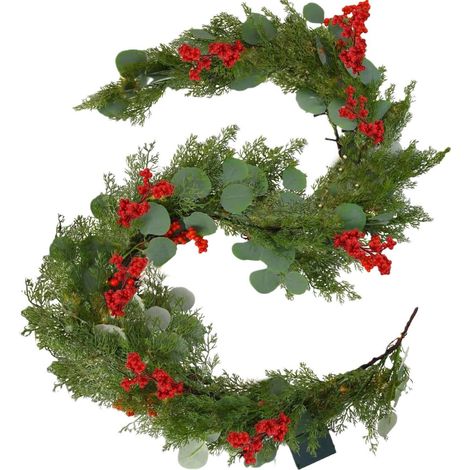 Guirlande En Rattan Artificiel - Fruits Rouges Et Fleurs - Décoration De Porte Noël - 180 Cm - Vert - 1 Pièce (1/5)