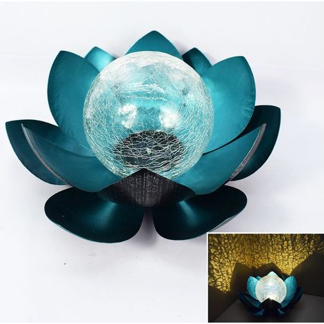 Lampe solaire à LED en forme de fleur en verre craquelé - Décoration de jardin - Lanterne solaire en métal - Nénuphar - Lampe de table extérieure (bleu)