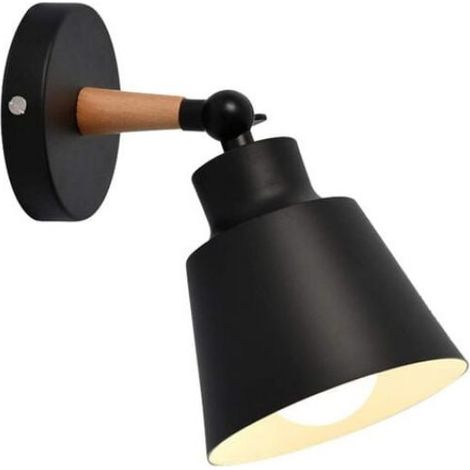 1 applique murale - Couvercle secondaire noir mat avec abat-jour conique en bois (plaque noire) - Sans cordon d'alimentation