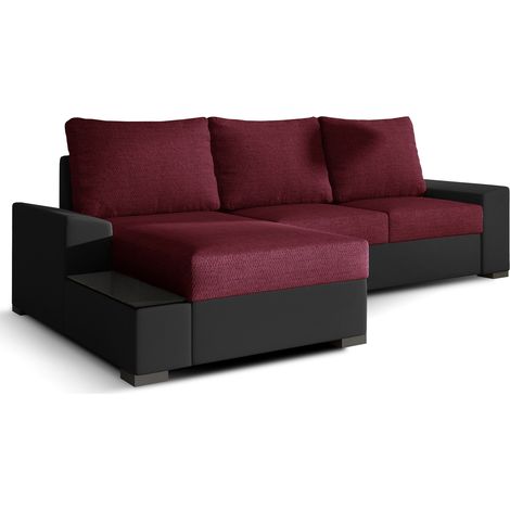 Canapé angle gauche convertible tissu bordeaux et simili noir James 245cm (1/5)