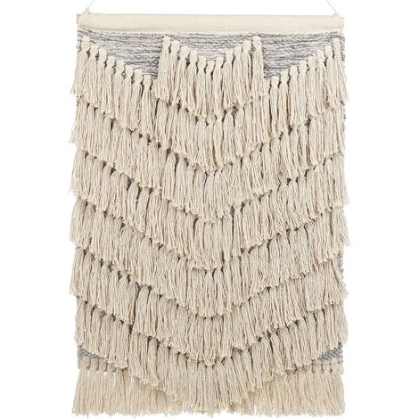 Décoration Murale Boho Tissée à la Main avec Pompons en Coton Beige Kotra (1/5)