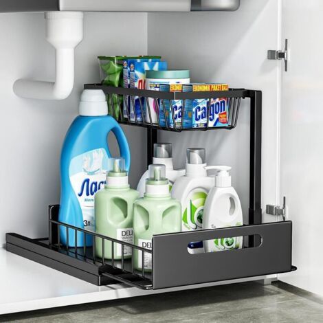 Rangement sous Évier Cuisine, Métal Organisateur sous Evier Tiroir Coulissant à Extraction 2 Étages Forme en L, Rangement Et Organisation De Cuisine Stable de Grande Capacité, Noir