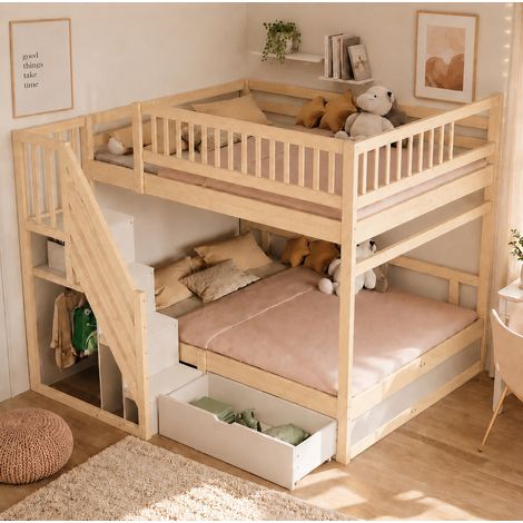 Letto a castello 205x145x173.5 cm, con scala contenitore, cassetti, sponde di sicurezza, legno, colore legno (1/5)