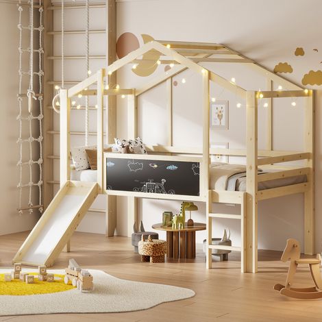 Letto a soppalco per bambini 90x200 cm legno naturale in legno massello con scivolo e lavagna (1/5)