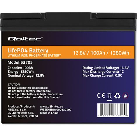 Qoltec LiFePO4 Lithium-Eisenphosphat-Batterie  12,8 V  100 Ah  1280 Wh  BMS (1/5)