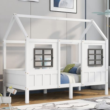 Lit maison 200 x 90 cm avec 2 fenêtres, cadre en pin et mdf, lit simple, blanc (1/5)