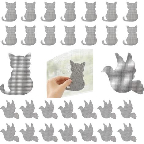 Patchs Autocollants Réparation Moustiquaire 9x7cm, 30 Pièces Fibre de Verre solide, motifs chat et pigeon, accessoire de réparation pour moustiquaires fenêtre et porte-fenêtre (1/5)