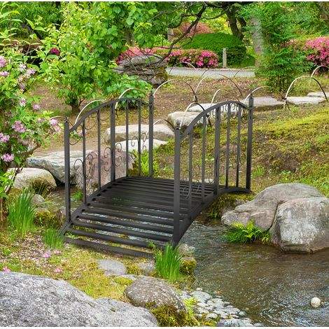 Puente de jardín de acero de 119 cm con barandillas, motivo floral, negro HAVRYA (1/5)