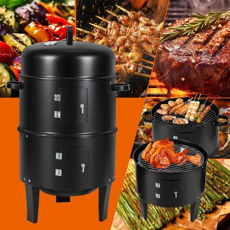 TolleTour Fumoir vertical Barbecue à charbon de bois BBQ Multifonctions BBQ Grill à Charbon 3 chambres Acier 40 x 80 cm (1/5)