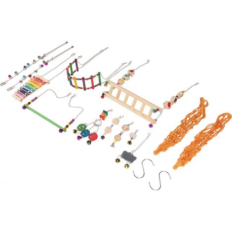 Ensemble de 12 jouets pour poulailler : lyre colorée, balançoire, pont suspendu, échelle, fourchettes à fruits, miroir, boule en rotin et ficelle. (1/5)