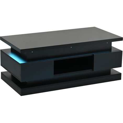 Mesa de centro elevable con LED 100x50x40 cm, 2 cajones y almacenaje oculto, negra (1/5)