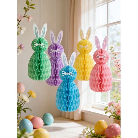 Lot de 10 décorations en nid d'abeille sur le thème de lapin de Pâques - idéal pour fête de printemps de Pâques, fête sur thème du lapin, chasse aux œufs, décoration intérieure et décorations suspendu (1/5)