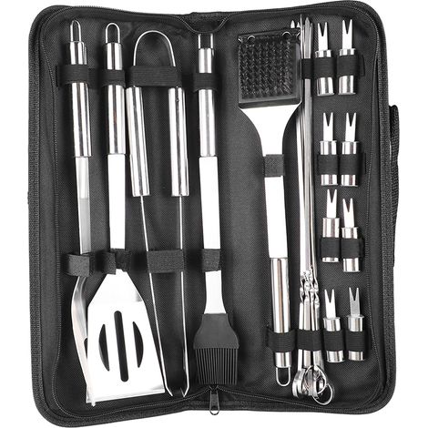 Ensemble de 20 pièces pour barbecue professionnel en acier inoxydable comprenant pinces, spatule, fourchette et brosse, idéal pour le camping et les voyages en plein air. (1/5)
