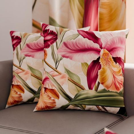 Lot de 2 Taies d'Oreillers 40x40 cm 100% Microfibre Hypoallergénique, Housse Oreiller Rectangulaire Motif Floral Fuchsia Vert, Paquet de 2 (1/3)