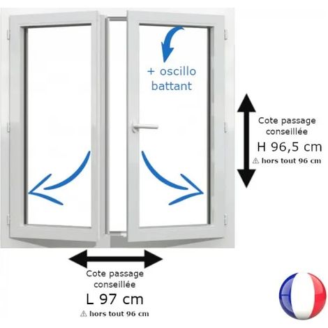 Fenêtre PVC blanc 2 vantaux hors tout H 96 x L 96 cm oscillo battant pour pose rénovation