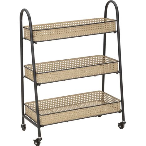 Carrello Fuji a 3 cesti in rattan e ferro nero su ruote — 60x30x80 cm