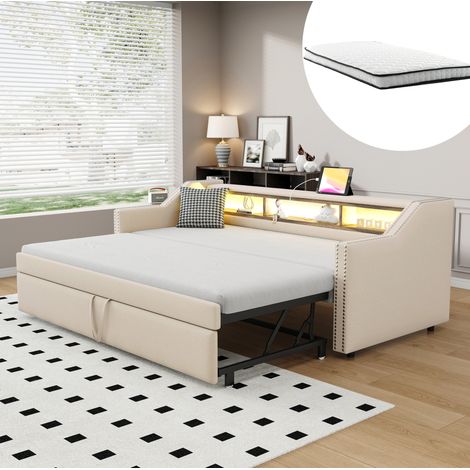 Divano letto imbottito estensibile 90/180 x 190 cm con LED, USB e vano contenitore, beige, OKWISH (1/5)