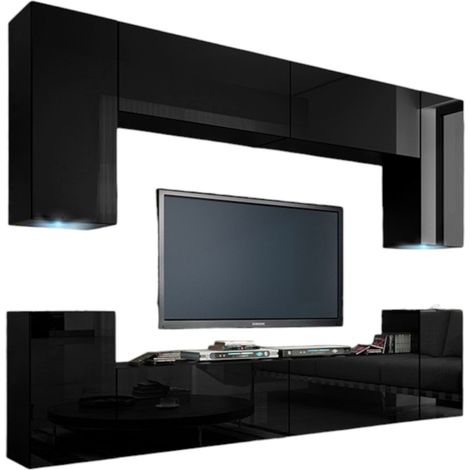 Ensemble de meubles de salon noir suspendus collection CEPTO I 256cm, 8 portes, 6 étagères, leds, modulables.