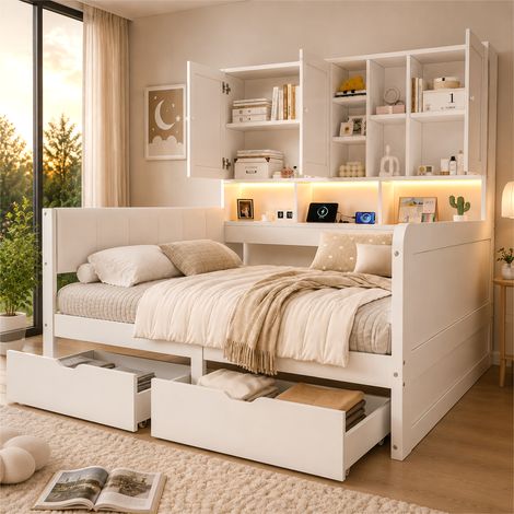 Lit 140x200 cm avec rangement - Lit banquette double avec 2 tiroirs, étagères, armoires, LED, USB/USB-C, tête de lit en PU, blanc (1/5)