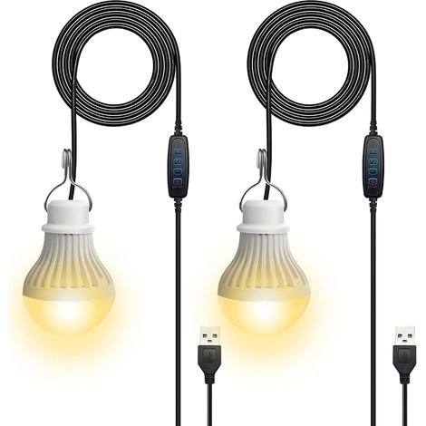 Lot de 2 lampes de camping LED USB rechargeables 7 W - Lampe de tente à intensité variable - 3 modes d'éclairage 2700-5000 K - Lumière d'urgence avec crochet - Fonctionne avec piles - Lanterne (1/5)