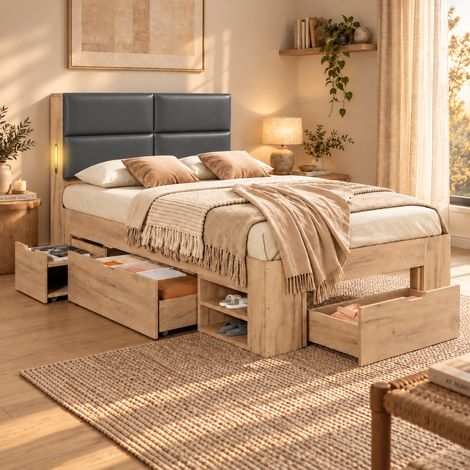 Einzelbett 90 x 200 cm mit Stauraum, USB/USB-C, Nachtlicht und PU-Kopfteil Natur REDOM (1/5)