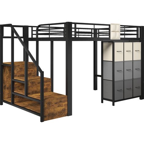 Hochbett 140 x 200 cm aus Metall und MDF mit Stauraumtreppe, Schubladen und Kleiderstange Schwarz (1/5)