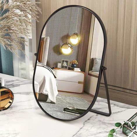 Miroir de Maquillage Ovale - 1 Pièce - Cadre Métal Noir - Rotation 360 Degrés - Pour Vanité et Salon - Design Élégant (1/5)
