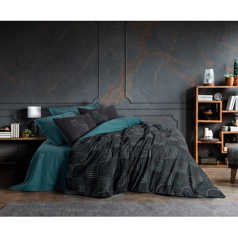 Housse de Couette Simple 135 x 200 cm 100% Coton Bleu pétrole Impression réactive Lavable en Machine Enveloppe et Fermeture à Bouton Doux et élégant Twin (1/5)