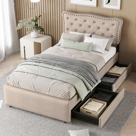 lit adulte rangement 90x200 capitonne beige brun OKMYHOME (1/5)
