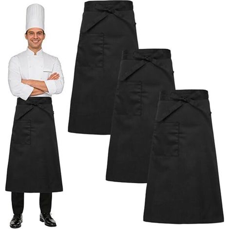 3 Pièces Tablier Noir Serveur, Tablier de Cuisine Femme et Homme Professionnel Restaurant Half, Tabliers Chef Serveuse Bavoir, Catering Apron, 69x66cm, pour Bistro, Café, Barbecue, Pâtisserie (1/5)
