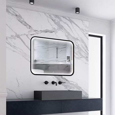 Biubiubathroom 900x700mm Balck Framed Bathroom LED Mirror with Lights Demister Touch Sensor Wall Mounted