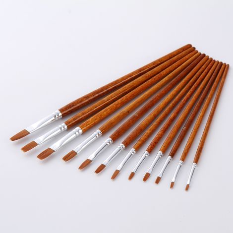 Pinceaux d'art à manche plat en nylon imitation bois brun – Ensemble de 12 pièces – pour aquarelle, gouache et peinture à l'huile – Idéal pour le dessin en plein air et la peinture à la main Longueur (1/5)