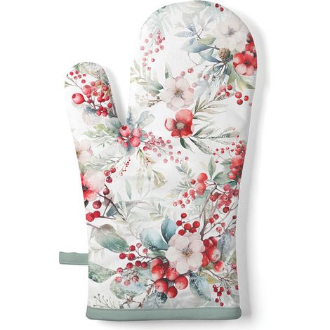 Gant de cuisine fleurs et baies rouges de Noël 30 × 18 cm (1/2)