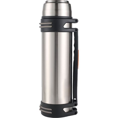 Gourde isotherme inox 304 2,5L, bouchon large, poignée de transport, maintient le chaud et le froid 24h, idéale pour voyages, couleur argent. (1/5)