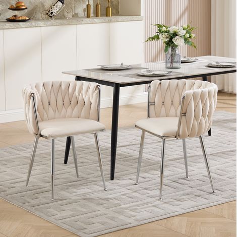 Set di 2 sedie da sala da pranzo in tessuto avorio, gambe in metallo argento HAVRYA (1/5)