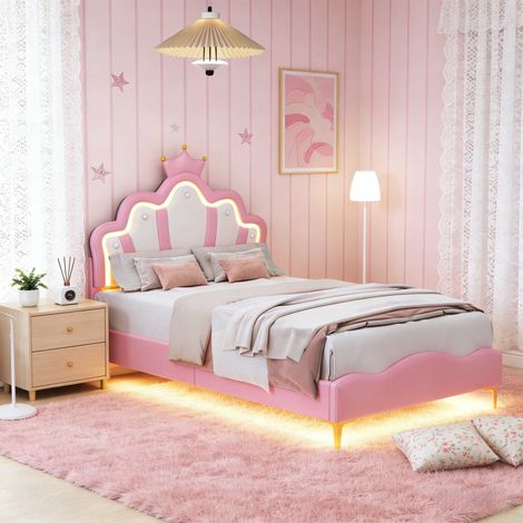Letto per bambina 90x200 cm con testiera a corona, letto singolo in similpelle rosa, LED RGB, rete a doghe, design principessa