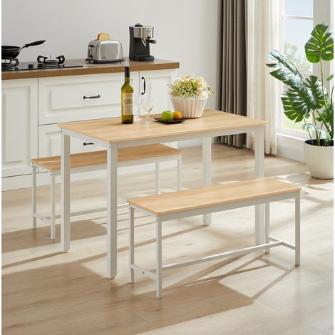 Ensemble de salle à manger en panneaux de particules et acier naturel et blanc, table 110x60 cm avec 2 bancs (1/5)