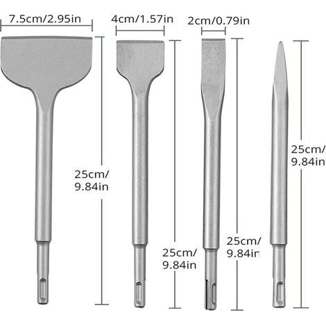 Ensemble de 4 burins à béton, ensemble de forets pour marteau perforateur, comprenant un burin pointu, un burin plat de 20 mm, 40 mm et 75 mm (1/5)
