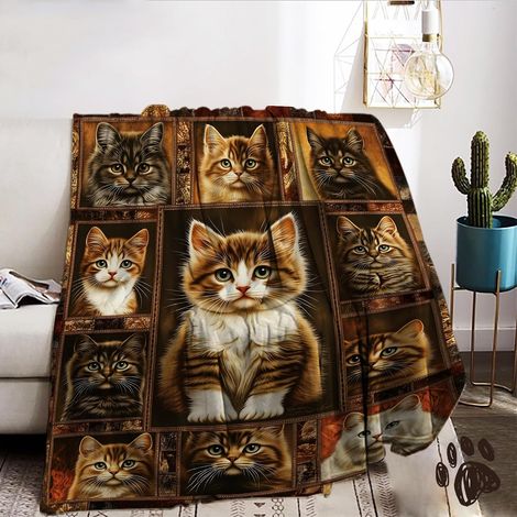 Couverture avec Motif Chat 130x150,Douce Et Duveteux Douillette De Canapé de Chat Couverture,pour canapé et Voyage (Chat-D, 150x200cm) (1/5)