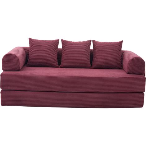 Faltbares modulares Sofa aus weinrotem Cord mit Metallgestell und 3 Kissen (1/5)