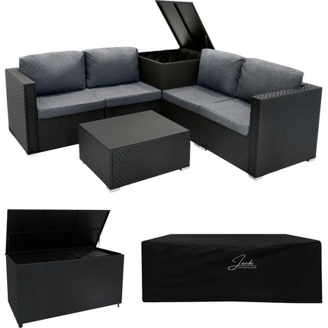 Rattan Gartenmöbel 6-teiliges Set Schwarz Sofa Tisch mit 2 Aufbewahrungsboxen