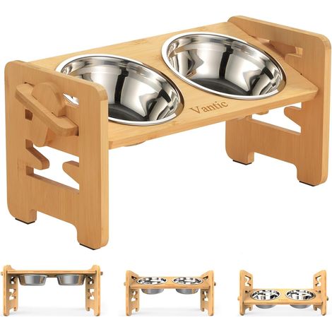 1 Support Gamelle Chien Bambou, 6 Hauteurs Ajustables, 2 Bols Acier Inoxydable, Pliable Pour Petit Chien Chat