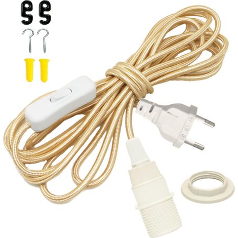 Support Ampoule E14 avec Interrupteur et Fiche, Rallonge en Nylon Champagne de 4,5 m, Douille E14 avec Prise, Porte Lampe Suspension, Câble pour Lampe Rechange, Cable Suspension Luminaire pour Salon (1/5)