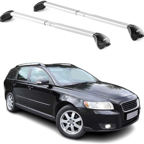 OMAC Barres de toit transversales certifiées TÜV pour Volvo V50 2004-2012 – Verrouillables (4 antivols) – Charge max 100 kg – Sangle inox + protection caoutchouc Argent (1/5)
