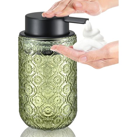 Distributeur de savon moussant en verre gaufré style vintage (vert, 400 ml) — Pompe noire mate — Convient pour la salle de bain et la cuisine (1/5)