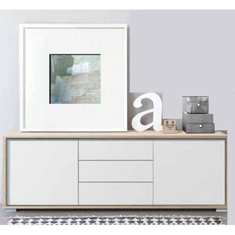 Pegane – Buffet moderne 2 portes 3 tiroirs chêne cambrian blanc – Longueur 183 cm x profondeur 35 cm x hauteur 63 cm – Panneaux mélaminés