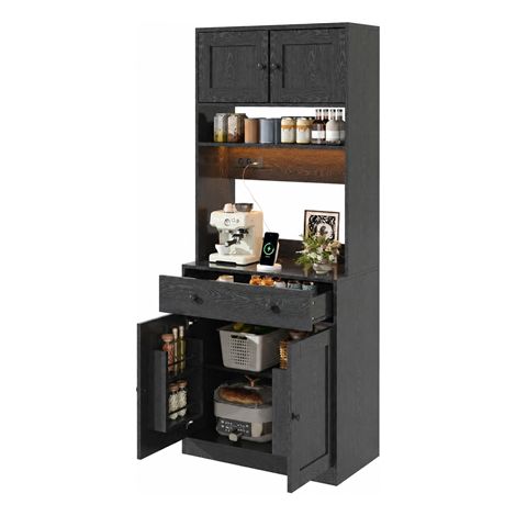 Buffet de cuisine Noir 72x40x180cm Rangement Tiroirs Portes LED Application USB et Prise Verre MDF Cuisine Rangement Pratique (1/5)