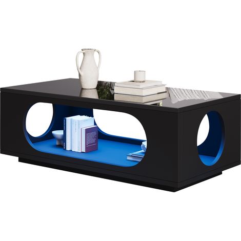Table basse avec éclairage LED (contrôle par application), 100x50x35cm, matériau MDF, capacité de charge 30kg, table basse ajourée brillante, table d’appoint avec grand espace de rangement, table de s (1/5)