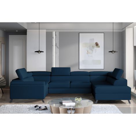 Canapé panoramique convertible SKADA velours – Rangement et appuis-têtes réglables à droite-Bleu canard-Coffre à droite (1/5)