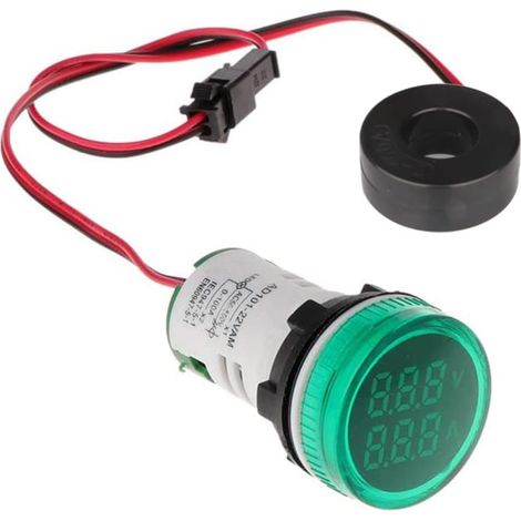 22 mm Wechselstrom-Spannungsprüfer mit 2-stelliger LED-Anzeige, Multifunktions-Voltmeter, Amperemeter, Multimeter, Panelmeter, Wechselstrom 50–500 V, 0–100 A (grün, rund)